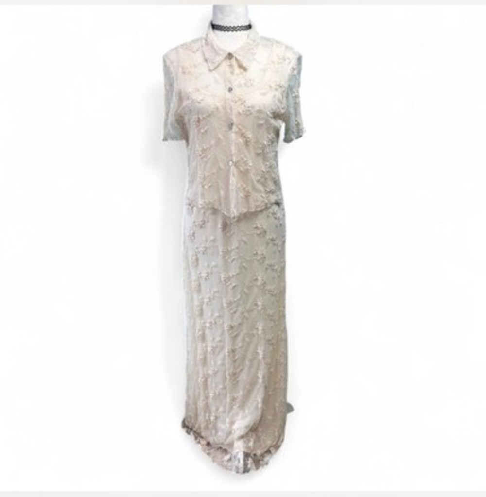 Vintage Rabbit Rabbit Lace Slip Dress Shirt Set Size 12 USA Made Cottagecore